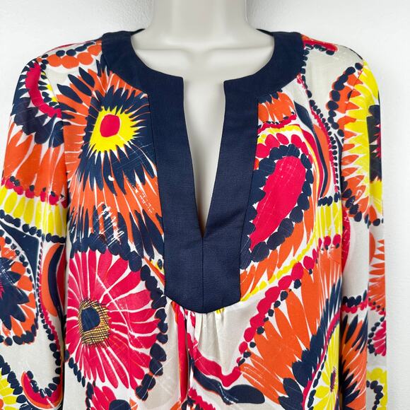 Trina Turk Tunic Blouse Top Silk Floral Bright Blue Orange Yellow Pink Med Boho - Picture 2 of 9
